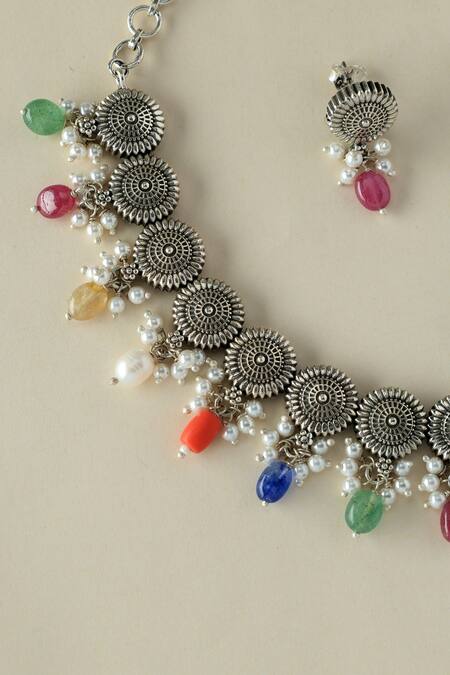 Mero Jewellery_Multi Color Pearls Multicolor Silver Navratna Necklace Set_Online_at_Aza_Fashions