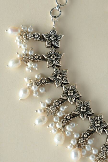 Mero Jewellery Silver Plated Pearls Floral Necklace Set Online at Aza Fashions Mero Jewellery_Silver Plated Pearls Floral Necklace Set _Online_at_Aza_Fashions