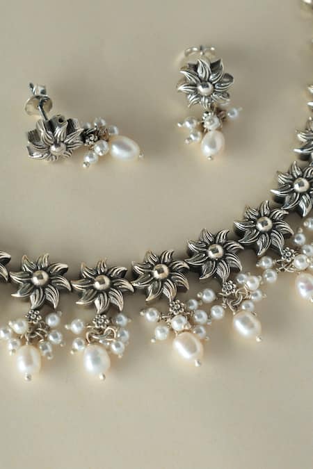 Shop Mero Jewellery Silver Plated Pearls Floral Necklace Set at Aza Fashions Shop_Mero Jewellery_Silver Plated Pearls Floral Necklace Set _at_Aza_Fashions