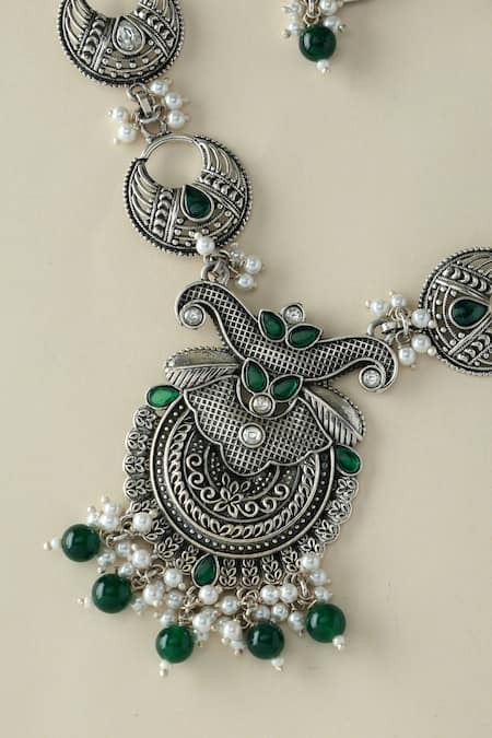 Shop Mero Jewellery Silver Plated Pearls, Stones Peacock Long Necklace Set at Aza Fashions Shop_Mero Jewellery_Silver Plated Pearls, Stones Peacock Long Necklace Set _at_Aza_Fashions