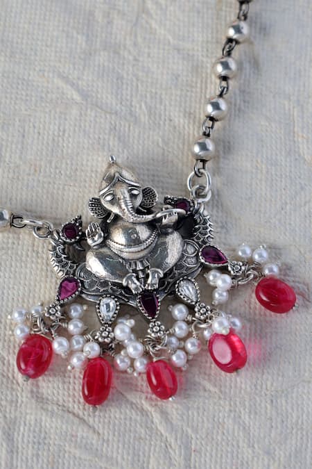 Shop Mero Jewellery Red Silver Ganesha Pendant Long Necklace at Aza Fashions Shop_Mero Jewellery_Red Silver Ganesha Pendant Long Necklace _at_Aza_Fashions