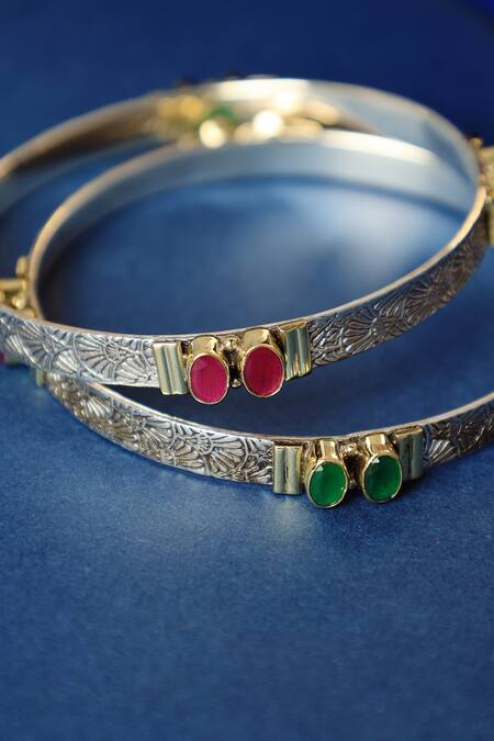 Shop Mero Jewellery Silver Plated Stones Dual Ruby Onyx Designer Bangles at Aza Fashions Shop_Mero Jewellery_Silver Plated Stones Dual Ruby Onyx Designer Bangles_at_Aza_Fashions