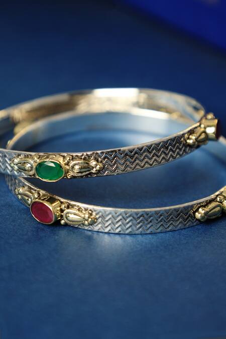 Shop Mero Jewellery Silver Plated Stones, Embroidery Dual Ruby Onyx Bangles at Aza Fashions Shop_Mero Jewellery_Silver Plated Stones, Embroidery Dual Ruby Onyx Bangles_at_Aza_Fashions