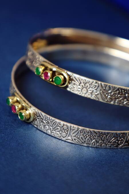 Shop Mero Jewellery Silver Plated Stones, Embroidery Designer Ruby Onyx Bangles Set at Aza Fashions Shop_Mero Jewellery_Silver Plated Stones, Embroidery Designer Ruby Onyx Bangles Set_at_Aza_Fashions