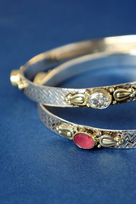 Shop Mero Jewellery Silver Plated Crystals Designer Dual Tone Bangles at Aza Fashions Shop_Mero Jewellery_Silver Plated Crystals Designer Dual Tone Bangles_at_Aza_Fashions