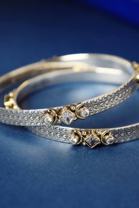 Shop Mero Jewellery Silver Plated Crystals Dual Tone Cz Bangles at Aza Fashions Shop_Mero Jewellery_Silver Plated Crystals Dual Tone Cz Bangles_at_Aza_Fashions
