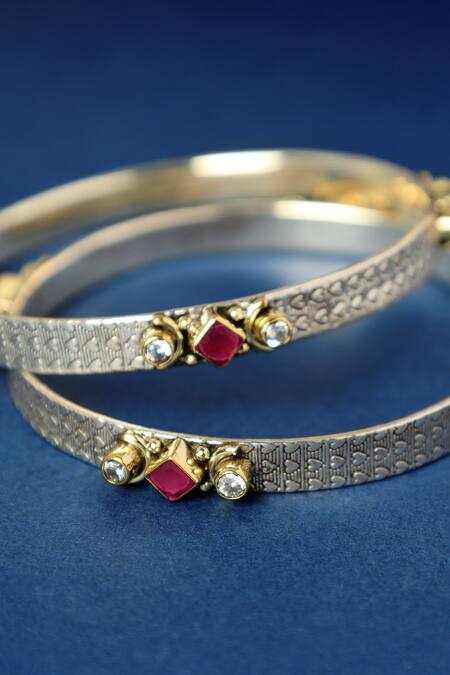 Shop Mero Jewellery Pink Crystals Designer Dual Tone Ruby Cz Bangles at Aza Fashions Shop_Mero Jewellery_Pink Crystals Designer Dual Tone Ruby Cz Bangles_at_Aza_Fashions