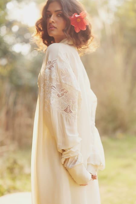 Paulmi And Harsh_Ivory Silk, Cotton Embroidery Open Neck Vintage Floral Jacket Set _Online_at_Aza_Fashions