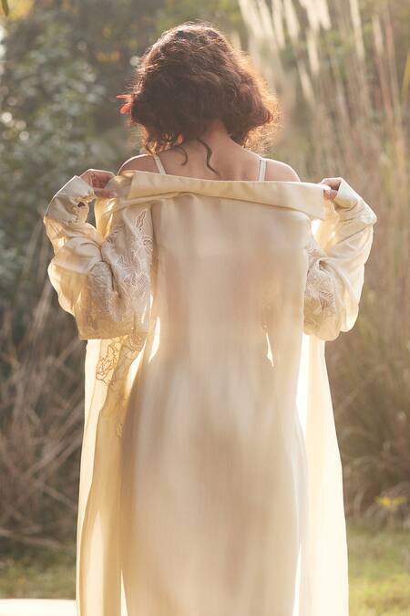 Shop_Paulmi And Harsh_Ivory Silk, Cotton Embroidery Open Neck Vintage Floral Jacket Set _Online_at_Aza_Fashions