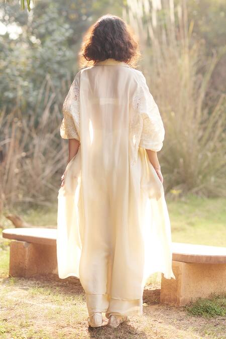 Shop_Paulmi And Harsh_Ivory Silk, Cotton Embroidery Open Neck Vintage Floral Jacket Set _at_Aza_Fashions