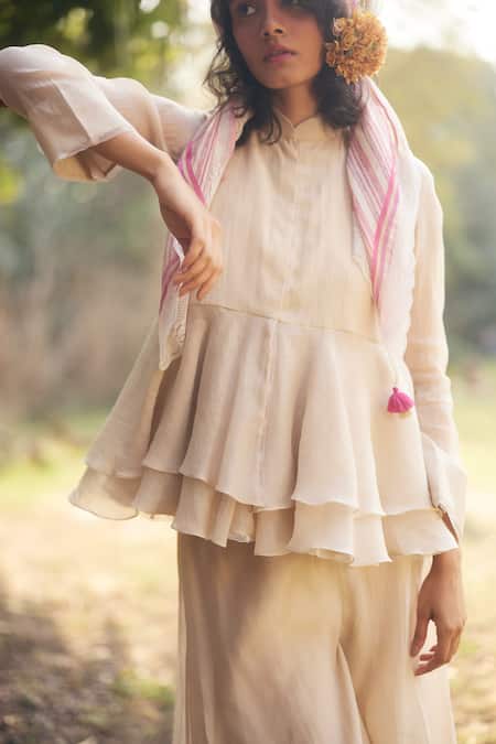 Paulmi And Harsh_Ivory Chanderi Embroidery, Lace Round Neck Layered Peplum Set With Scarf _Online_at_Aza_Fashions