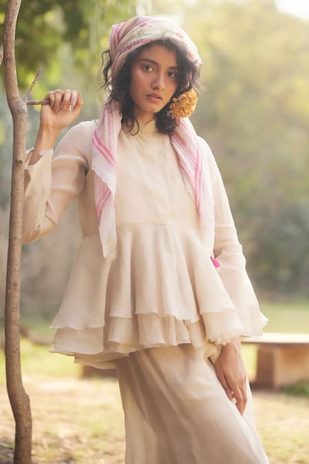 Buy_Paulmi And Harsh_Ivory Chanderi Embroidery, Lace Round Neck Layered Peplum Set With Scarf _Online_at_Aza_Fashions
