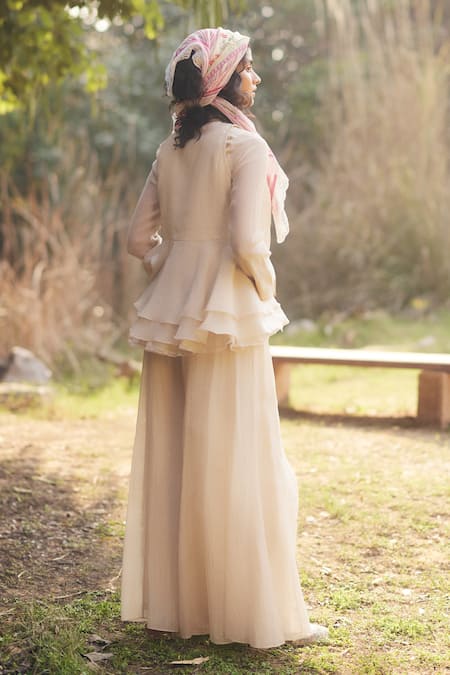 Shop_Paulmi And Harsh_Ivory Chanderi Embroidery, Lace Round Neck Layered Peplum Set With Scarf _at_Aza_Fashions