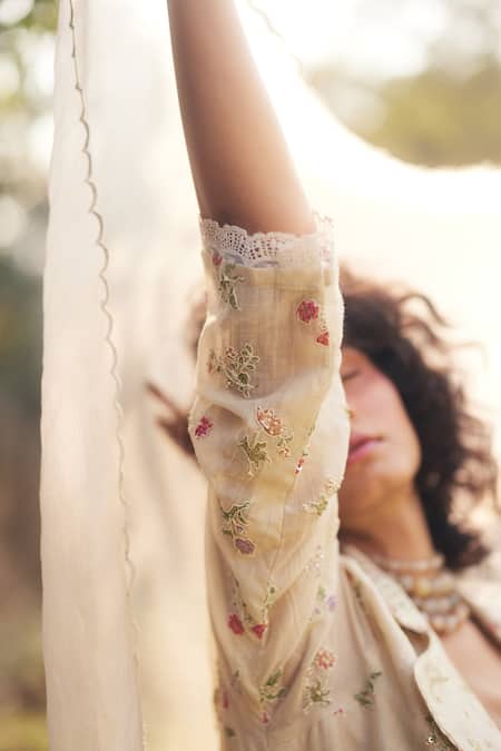 Paulmi And Harsh_Ivory Chanderi, Cotton, Gingham Embroidery, Beads Open Maxi Jacket Anarkali Set _Online_at_Aza_Fashions