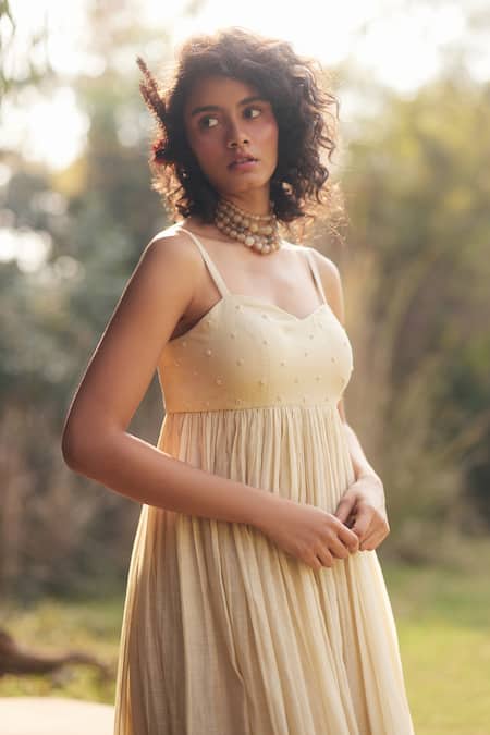Buy_Paulmi And Harsh_Ivory Chanderi, Cotton, Gingham Embroidery, Beads Open Maxi Jacket Anarkali Set _Online_at_Aza_Fashions