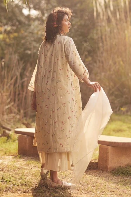 Shop_Paulmi And Harsh_Ivory Chanderi, Cotton, Gingham Embroidery, Beads Open Maxi Jacket Anarkali Set _at_Aza_Fashions