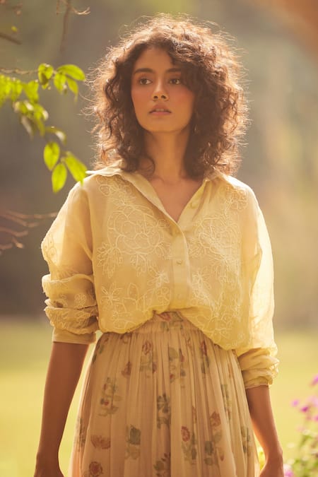 Paulmi And Harsh_Ivory Chanderi, Gingham Embroidery Floral Print Skirt Set _Online_at_Aza_Fashions