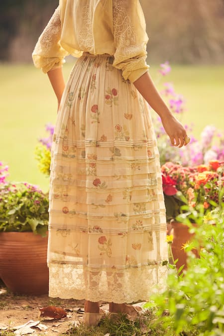Buy_Paulmi And Harsh_Ivory Chanderi, Gingham Embroidery Floral Print Skirt Set _Online_at_Aza_Fashions