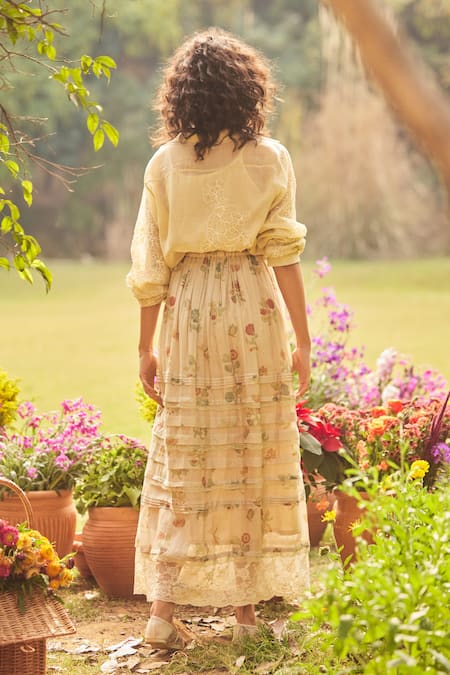 Shop_Paulmi And Harsh_Ivory Chanderi, Gingham Embroidery Floral Print Skirt Set _at_Aza_Fashions