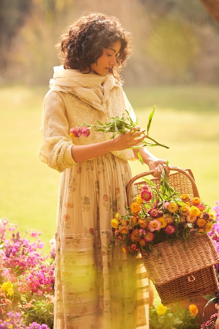 Paulmi And Harsh_Ivory Chanderi, Gingham Embroidery Floral Print Skirt Set _at_Aza_Fashions