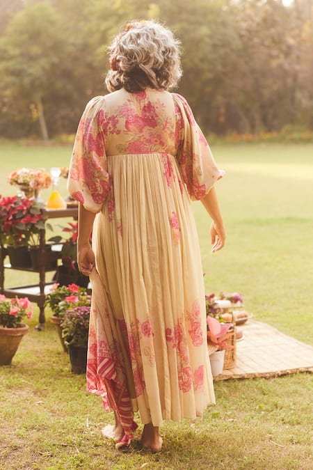 Shop_Paulmi And Harsh_Ivory Chanderi, Cotton Beads, Floral Placement Printed Maxi Dress And Scarf _at_Aza_Fashions