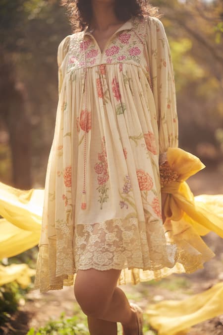 Paulmi And Harsh_Ivory Cotton Lace, Embroidery, Tassels Split Floral Print Short Dress With Scarf _Online_at_Aza_Fashions