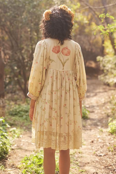 Shop_Paulmi And Harsh_Ivory Cotton Lace, Embroidery, Tassels Split Floral Print Short Dress With Scarf _at_Aza_Fashions
