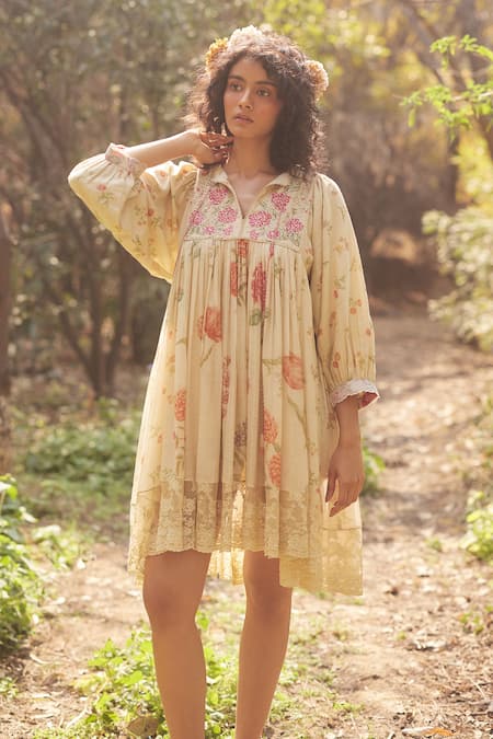 Shop_Paulmi And Harsh_Ivory Cotton Lace, Embroidery, Tassels Split Floral Print Short Dress With Scarf _Online_at_Aza_Fashions