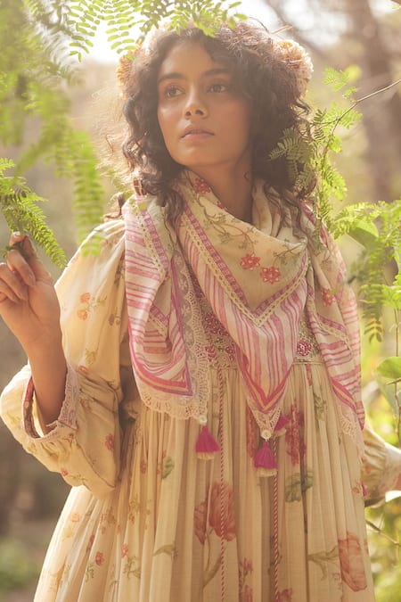 Paulmi And Harsh_Ivory Cotton Lace, Embroidery, Tassels Split Floral Print Short Dress With Scarf _at_Aza_Fashions