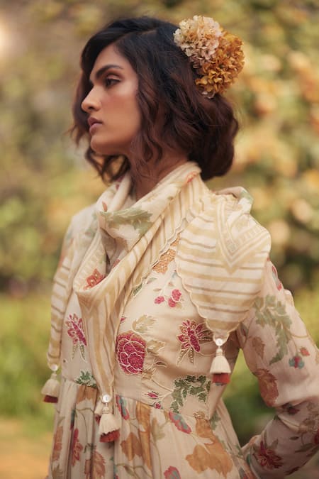 Paulmi And Harsh_Ivory Chanderi, Cotton Fringe, Embroidery Floral Chintz Angrakha Kurta Set _Online_at_Aza_Fashions