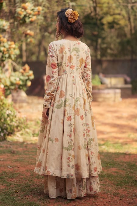 Shop_Paulmi And Harsh_Ivory Chanderi, Cotton Fringe, Embroidery Floral Chintz Angrakha Kurta Set _at_Aza_Fashions