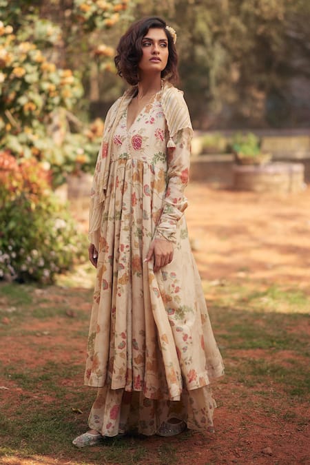 Buy_Paulmi And Harsh_Ivory Chanderi, Cotton Fringe, Embroidery Floral Chintz Angrakha Kurta Set _Online_at_Aza_Fashions
