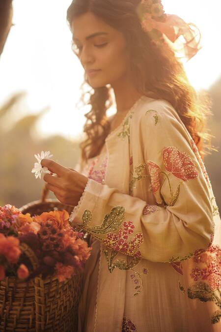 Paulmi And Harsh_Pink Chanderi, Cotton Embroidery, Beads Floral Gathered Maxi Dress And Jacket Set _Online_at_Aza_Fashions