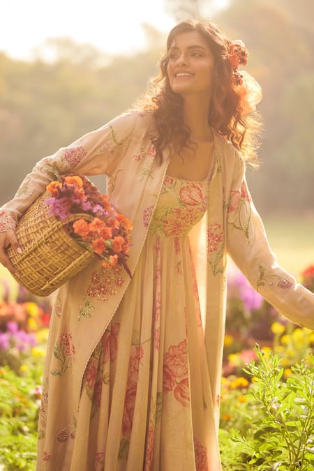 Buy_Paulmi And Harsh_Pink Chanderi, Cotton Embroidery, Beads Floral Gathered Maxi Dress And Jacket Set _Online_at_Aza_Fashions