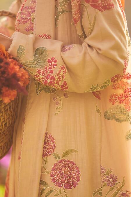 Shop_Paulmi And Harsh_Pink Chanderi, Cotton Embroidery, Beads Floral Gathered Maxi Dress And Jacket Set _Online_at_Aza_Fashions