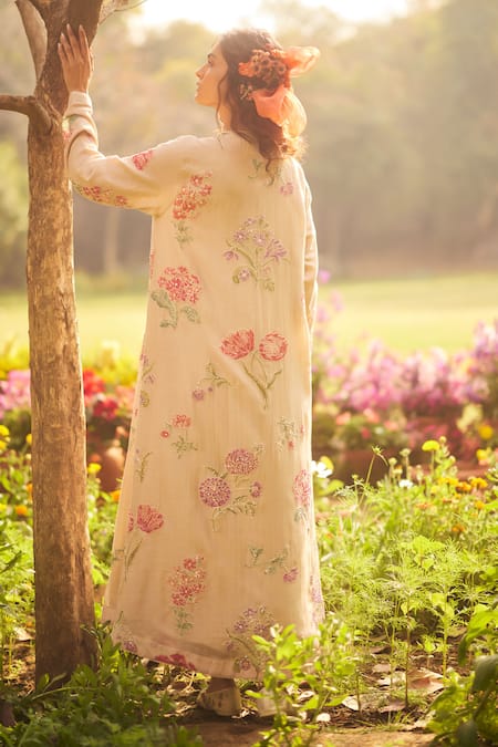 Shop_Paulmi And Harsh_Pink Chanderi, Cotton Embroidery, Beads Floral Gathered Maxi Dress And Jacket Set _at_Aza_Fashions