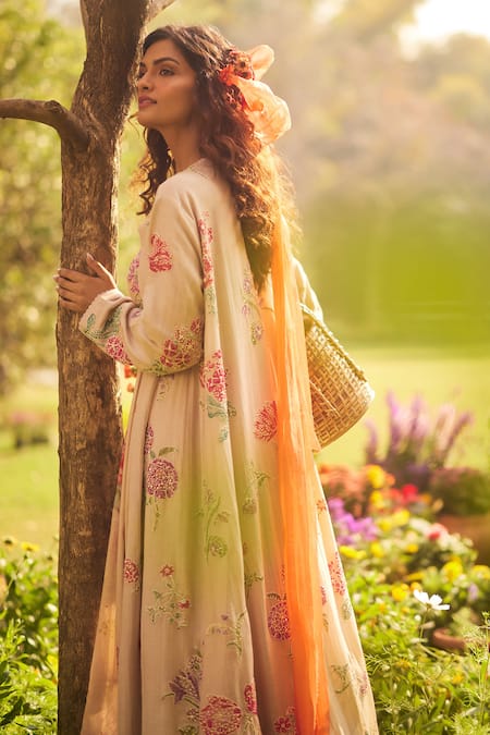 Paulmi And Harsh_Pink Chanderi, Cotton Embroidery, Beads Floral Gathered Maxi Dress And Jacket Set _at_Aza_Fashions