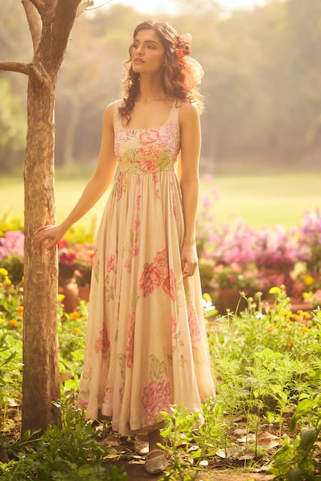 Buy_Paulmi And Harsh_Pink Chanderi, Cotton Embroidery, Beads Floral Gathered Maxi Dress And Jacket Set 