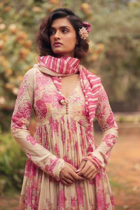 Paulmi And Harsh_Ivory Cotton Embroidery V-neck Anar Printed Maxi Dress And Scarf Set _Online_at_Aza_Fashions