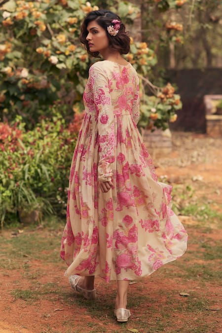 Shop_Paulmi And Harsh_Ivory Cotton Embroidery V-neck Anar Printed Maxi Dress And Scarf Set _at_Aza_Fashions