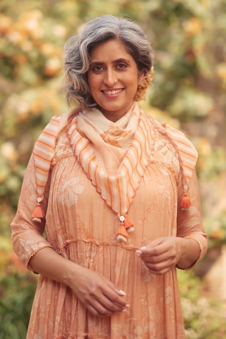 Paulmi And Harsh_Peach Chanderi, Cotton Tassels, Apricot Printed Maxi Dress And Scarf Set _Online_at_Aza_Fashions