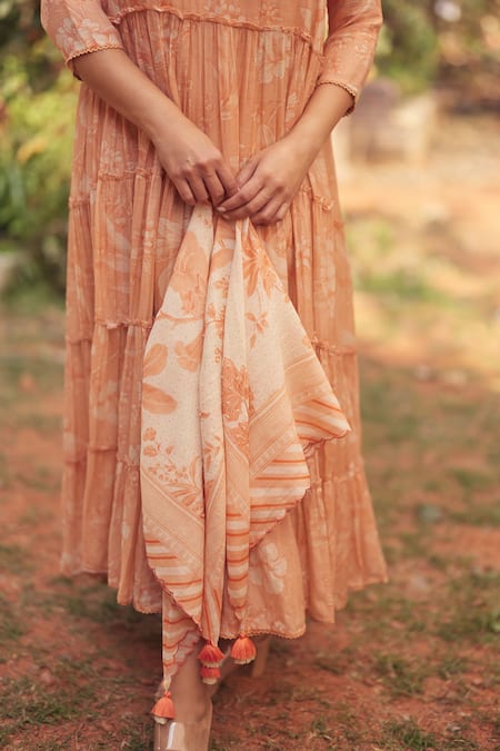 Buy_Paulmi And Harsh_Peach Chanderi, Cotton Tassels, Apricot Printed Maxi Dress And Scarf Set _Online_at_Aza_Fashions