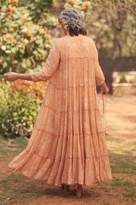 Shop_Paulmi And Harsh_Peach Chanderi, Cotton Tassels, Apricot Printed Maxi Dress And Scarf Set _at_Aza_Fashions