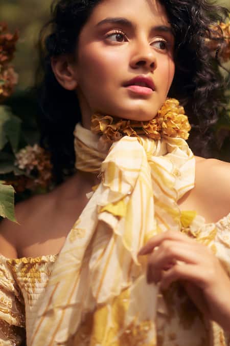 Paulmi And Harsh_Gold Chanderi, Cotton Embroidery Off-shoulder Yellow Peplum Kurta Set With Scarf _Online_at_Aza_Fashions