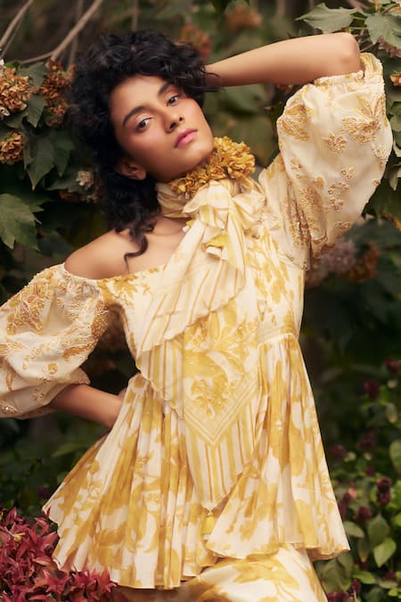 Shop_Paulmi And Harsh_Gold Chanderi, Cotton Embroidery Off-shoulder Yellow Peplum Kurta Set With Scarf _Online_at_Aza_Fashions