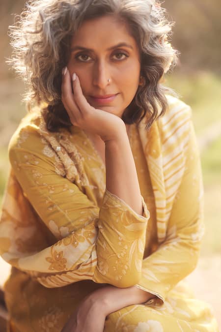 Paulmi And Harsh_Yellow Cotton Embroidery V-neck Frilled Skirt Printed Kurta Set _Online_at_Aza_Fashions