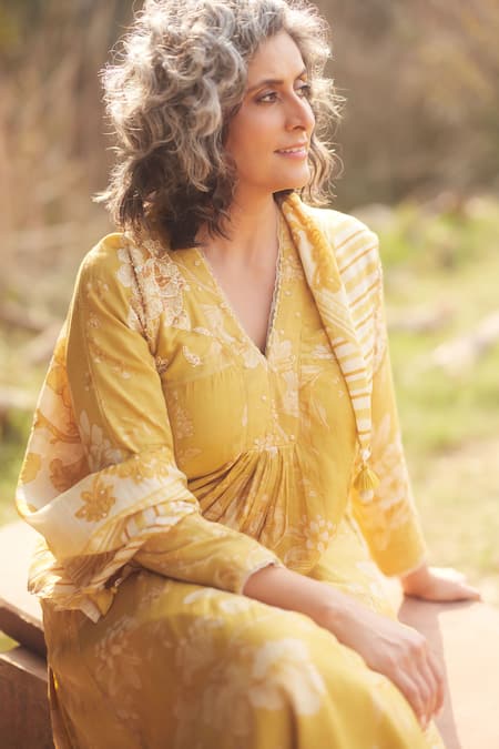 Buy_Paulmi And Harsh_Yellow Cotton Embroidery V-neck Frilled Skirt Printed Kurta Set _Online_at_Aza_Fashions