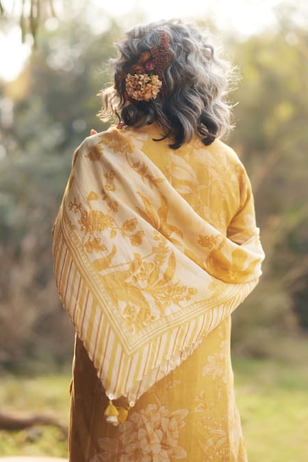 Shop_Paulmi And Harsh_Yellow Cotton Embroidery V-neck Frilled Skirt Printed Kurta Set _Online_at_Aza_Fashions