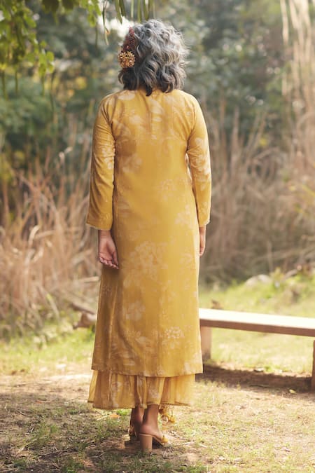 Shop_Paulmi And Harsh_Yellow Cotton Embroidery V-neck Frilled Skirt Printed Kurta Set _at_Aza_Fashions