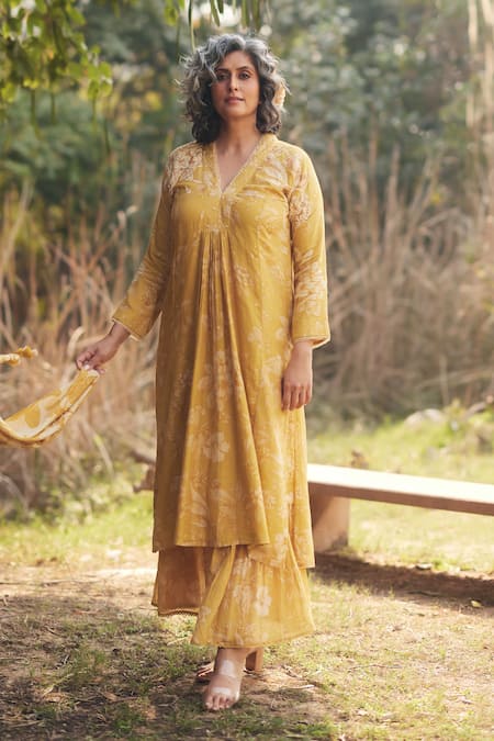 Paulmi And Harsh_Yellow Cotton Embroidery V-neck Frilled Skirt Printed Kurta Set _at_Aza_Fashions